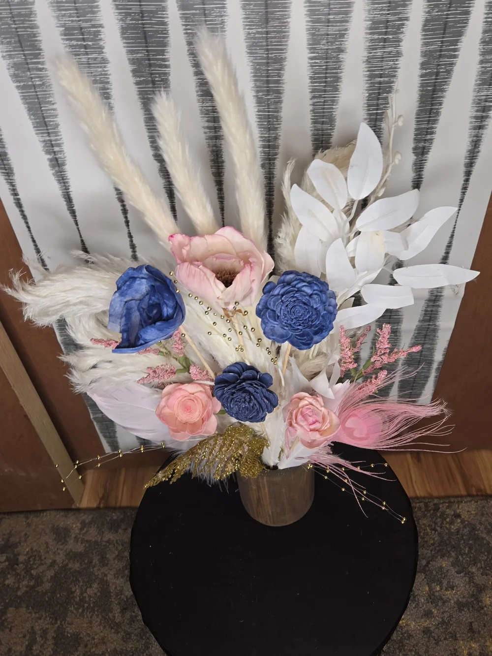 Navy Blue & Blush Pink Sola Wood Flower Arrangement with Feathers + Wood Vase